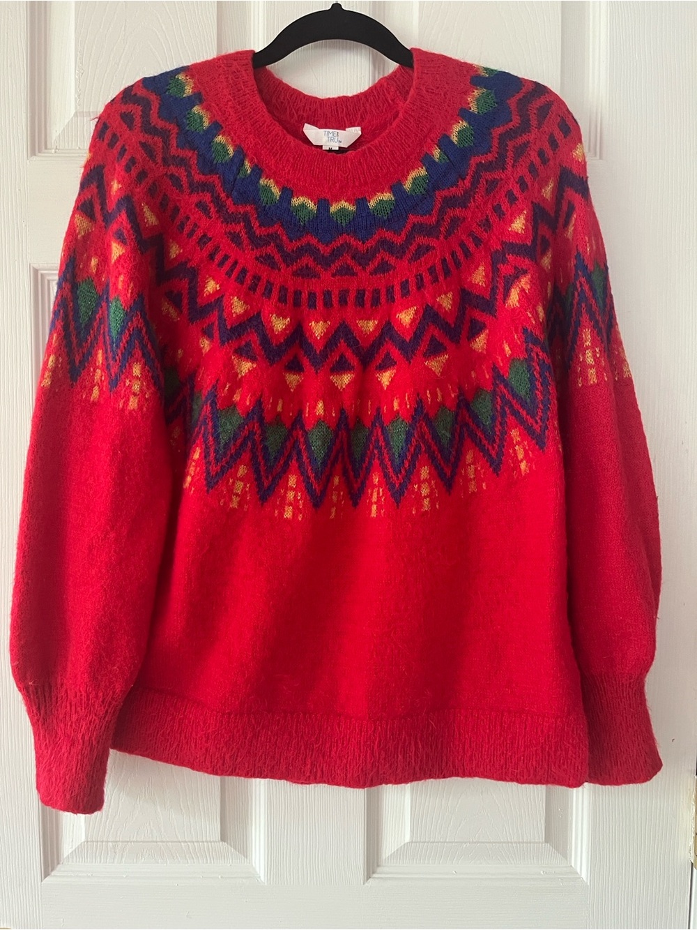 Time and Tru Red Fair Isle Crewneck Sweater with Multicolor Yoke
